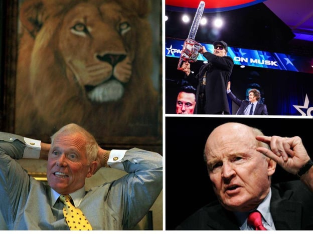 Composite image: Left, painting of a lion's face; top right, Elon Musk holding a chainsaw on a stage; bottom right, man with pinching fingers.