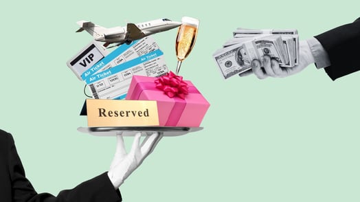 A white-gloved hand offers a tray containing a reversed sign, a pink gift box wrapped in a pink boy, a glass of champagne, a VIP card, two plane tickets, and a tiny airplane to an outstretched hand holdings several hundred dollar bills.