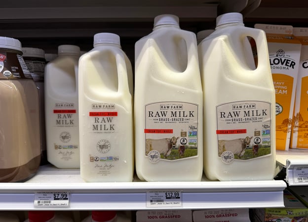 Raw Farm raw milk on a grocery shelf