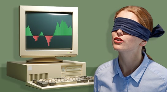  A composite image features an older, beige computer displaying a bar chart with green and red columns, positioned next to a woman wearing a dark blindfold over her eyes.