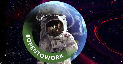 An astronaut floats in outer space, Earth in the background, with the green 'open to work' banner from LinkedIn in the foreground.