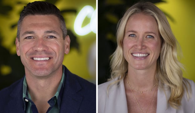 A dual headshot shows Goldfish Swim School co-founders Chris and Jenny McCuiston smiling side-by-side. Chris, with short dark hair, is on the left, and Jenny, with long blonde hair, is on the right.