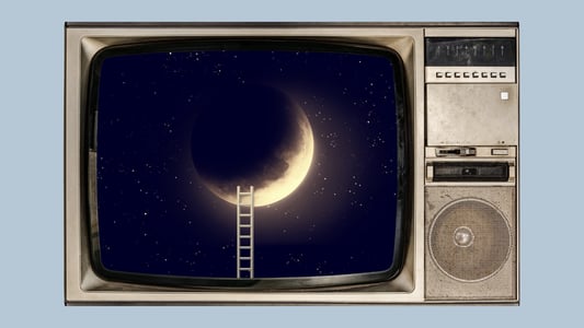 A TV set featuring an image of a ladder extending up to the moon. 