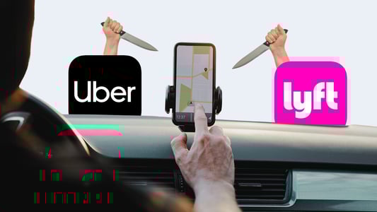 A driver touches a map on their phone. Uber and Lyft app icons are shown on the dashboard with knife-wielding hands coming out of them.