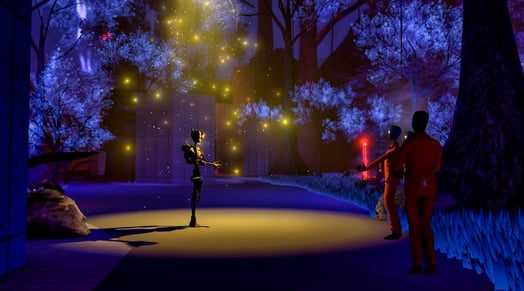 A scene from 'Uncanny Alley: A New Day' depicts a robot standing in a park at night talking to three figures in red jumpsuits.