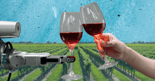 A mechanical arm and a human arm clinking glasses filled with red wine.