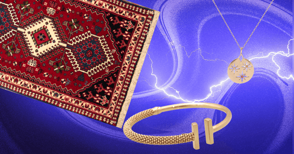A red patterned rug, a gold necklace, and a gold bracelet on a purple background.