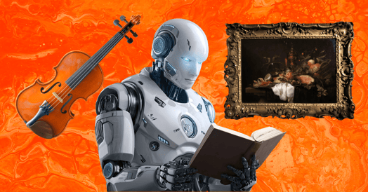 A robot reading a book with a violin and a framed painting in the background.