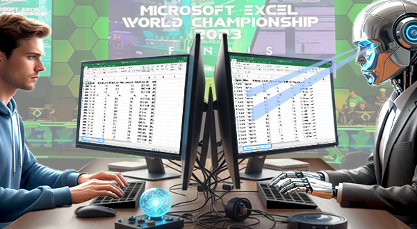 A composite illustration of the Microsoft Excel World Championship (MEWC) showing a human competitor on the left and a silver robot (AI) on the right, both typing on keyboards in front of monitors displaying Excel sheets.