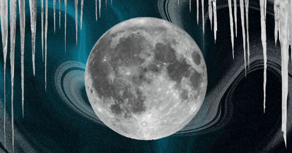 A moon with icicles hanging over it.