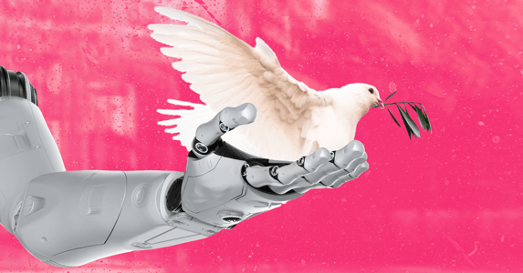 A robot arm releases a dove carrying an olive branch.
