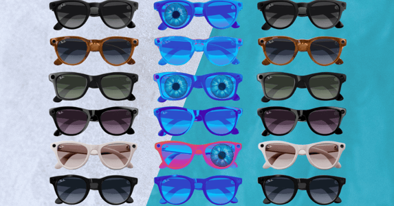 Several pairs of glasses on a blue and gray background.