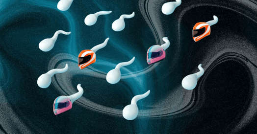 Several sperm cells, some with racing helmets on, swim against a blue background. 