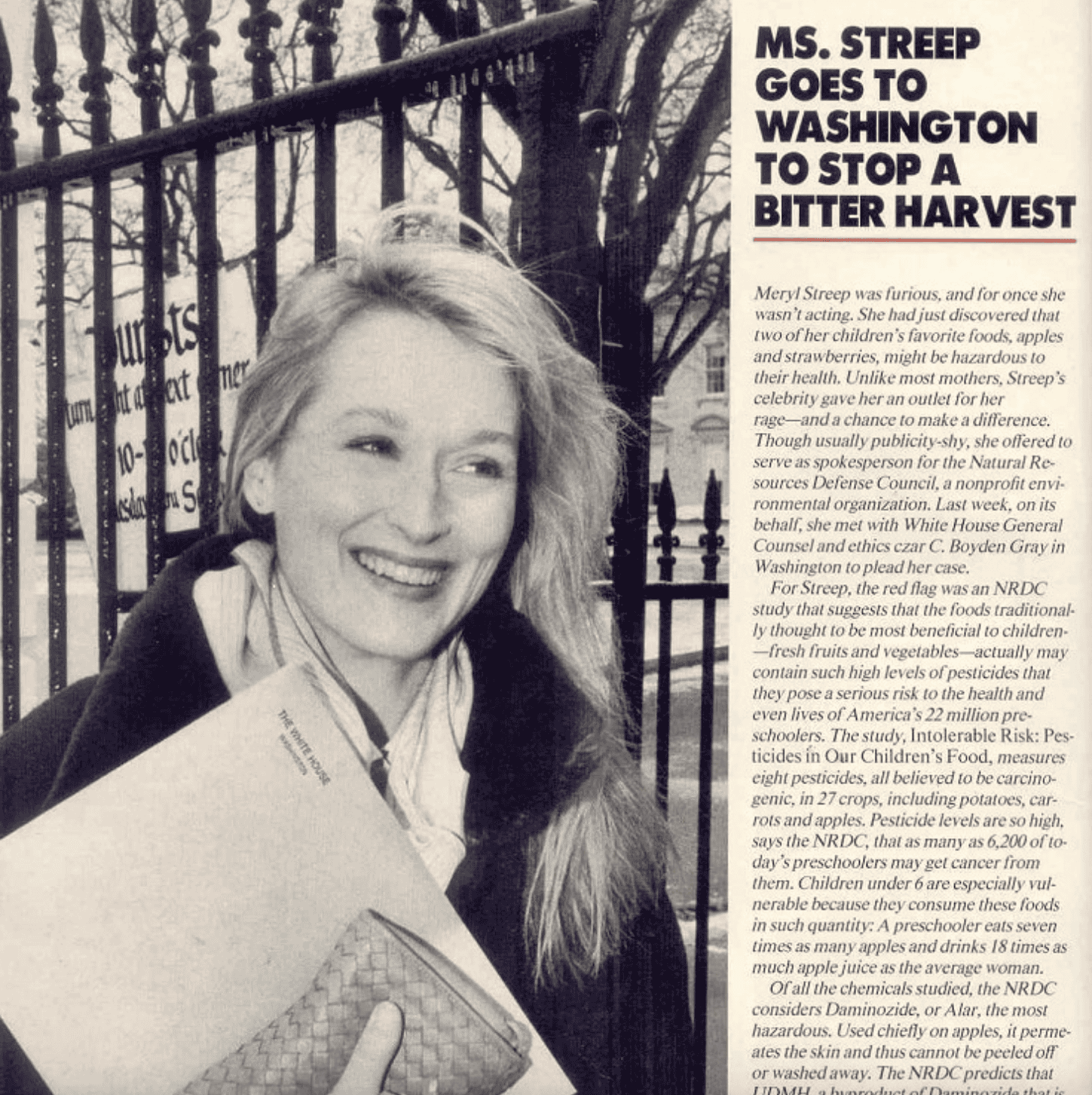 A black-and-white photo of actress Meryl Streep smiling, holding a folder, with a magazine headline next to her that reads, "MERYL STREEP GOES TO WASHINGTON TO STOP A BITTER HARVEST."
