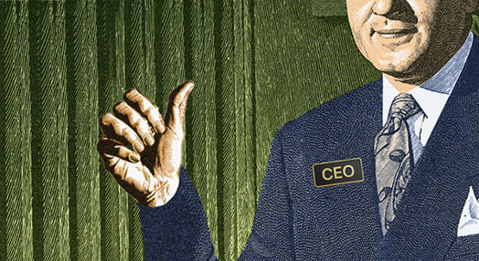 Man in suit with 'CEO' lapel pin, gesturing with raised right hand; background features vertical lines resembling a pleated curtain.