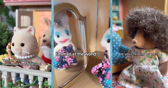 Three scenes from the TikTok account Sylvanian Drama: One depicts a cat doll saying, 